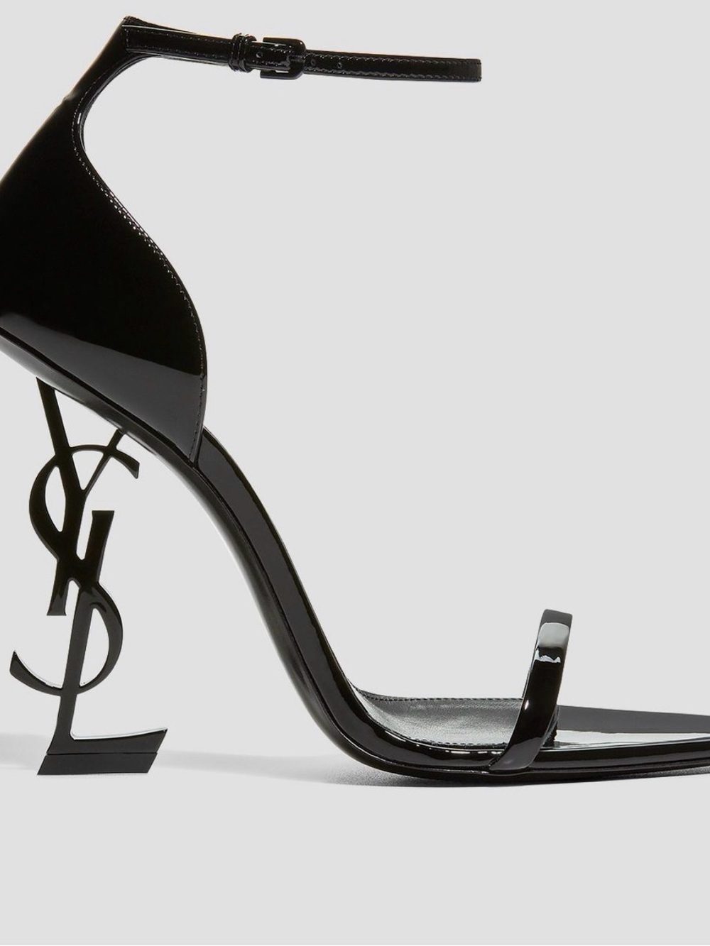 Saint Laurent Black Patent Leather Logo-Heel Ankle Strap Sandal